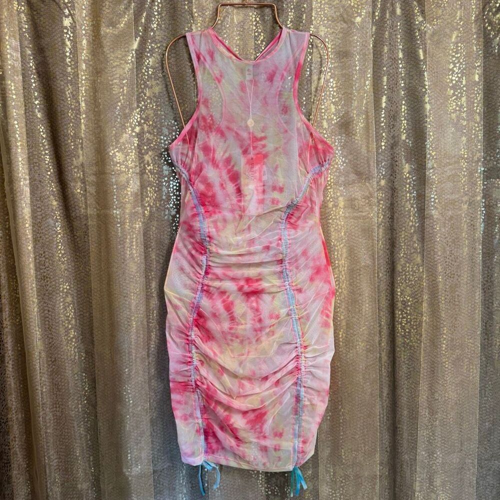 Oh Polly Sexy Stretch Mesh Pink Tie Dye Ruched Swim Coverup M NWT